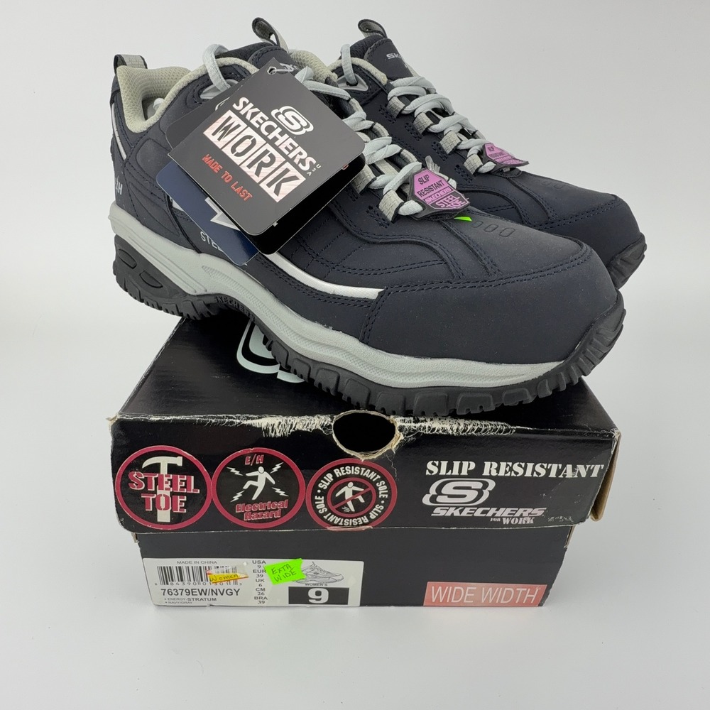 Skechers Work Energy Stratum Steel Toe Shoes Navy Grey 76379EW/NVGY Womens 9 EW‎